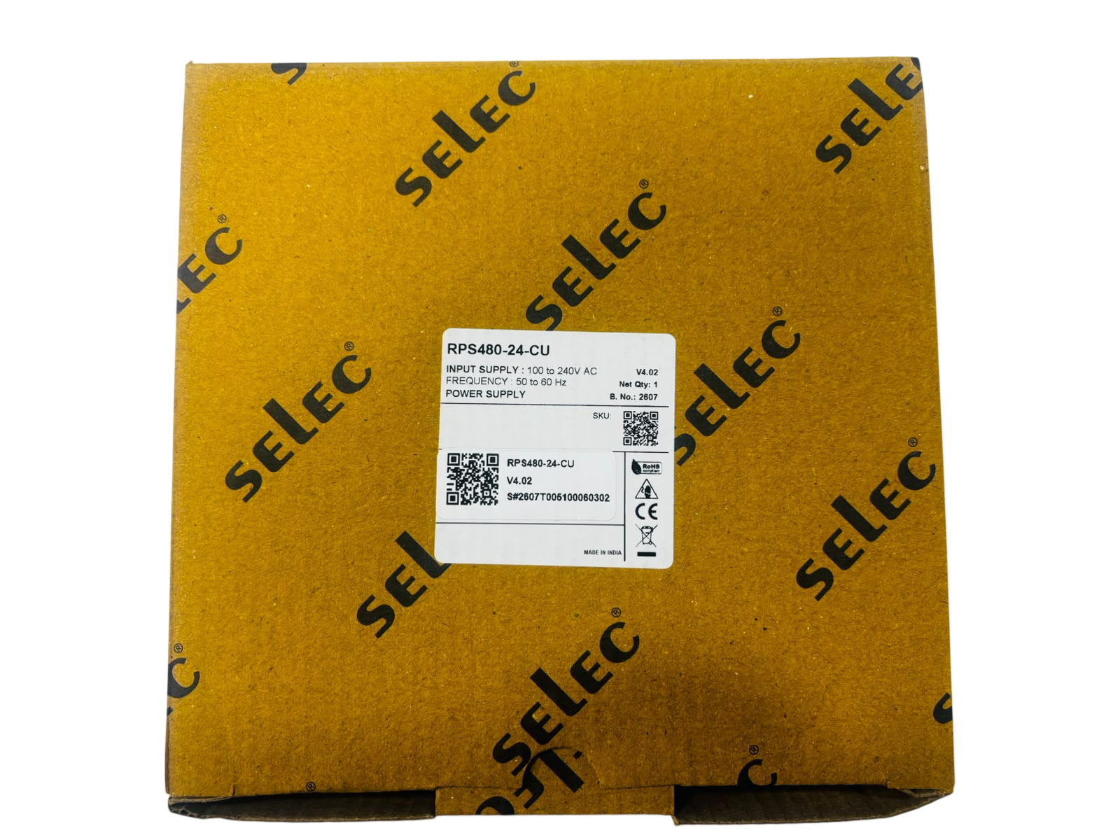 Selec Make RPS480-24-CU 480W, 24V/20A DIN rail mounted Power Supply in Plastic Housing - CE & UL Certified